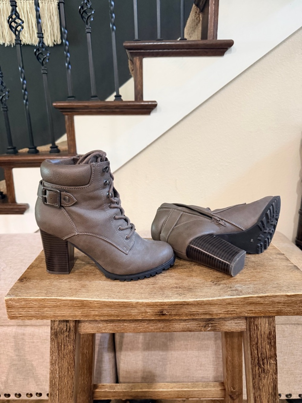 Style & Co. Taupe Lace-Up Block Heel Ankle Boots